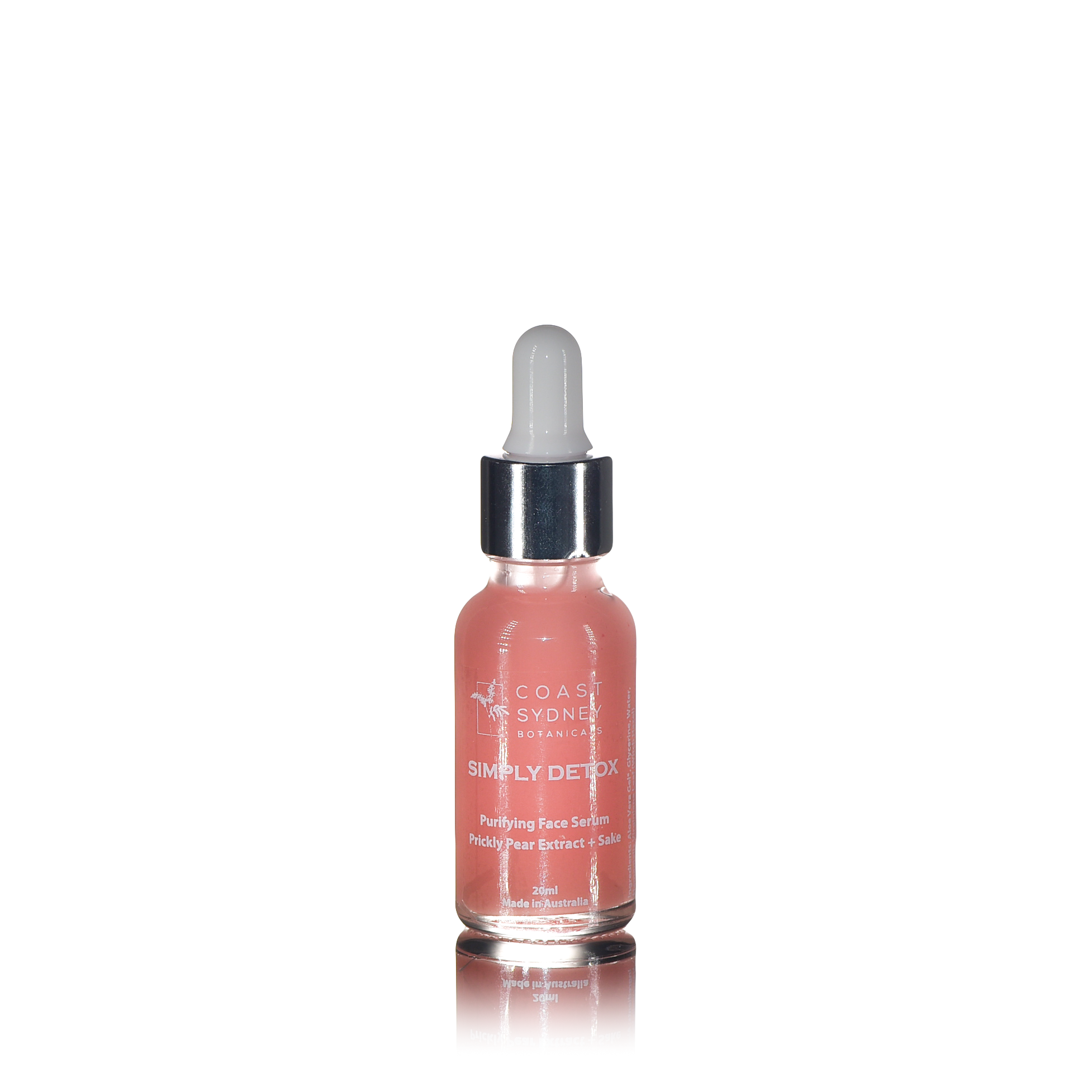 A pink face serum in a dropper bottle named 'Simply detox'.