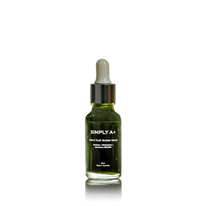 A green face serum in a dropper bottle named 'Simply A+'.