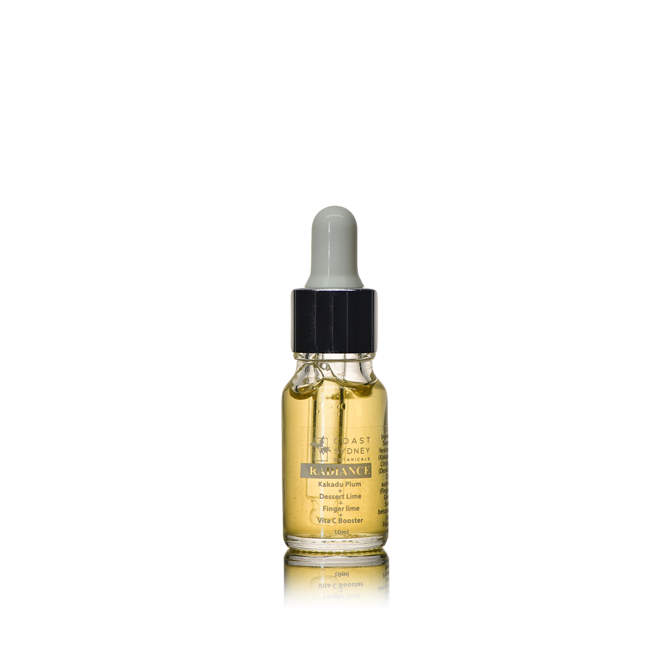A light yellow face serum in a dropper bottle named 'Radiance'.'