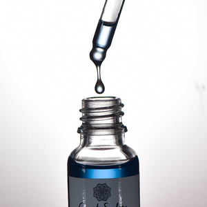 Close-up capturing the moment an oil droplet falls into the 'Clear Skies' face serum bottle as a dropper hovers above the open bottle, releasing a luxurious blue oil.