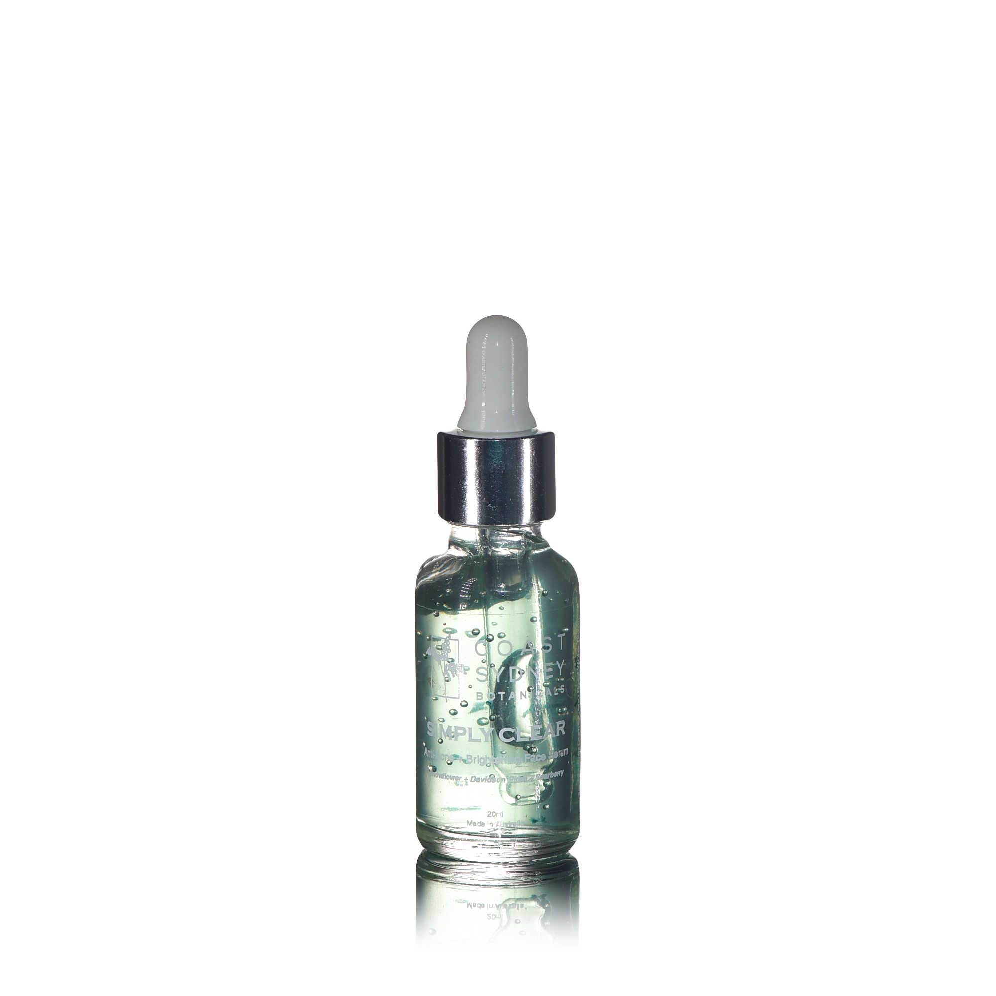 A light blue face serum in a dropper bottle named 'Simply clear'.