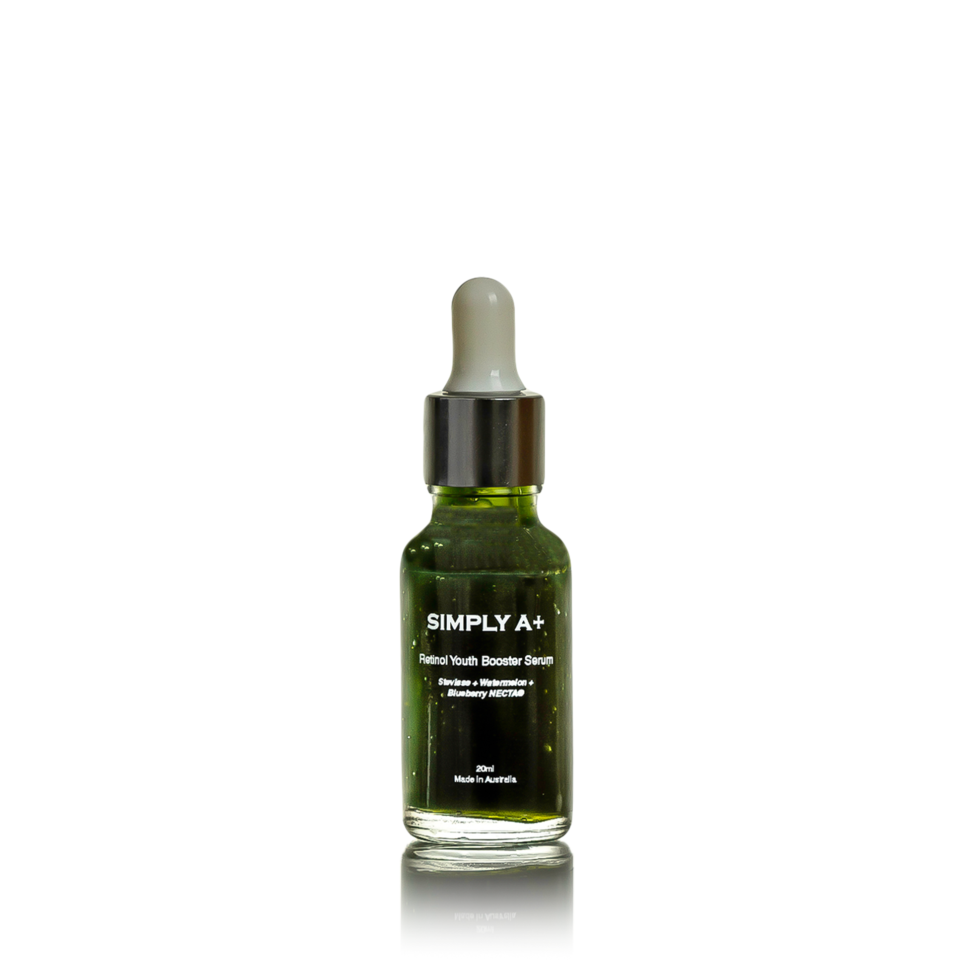 A green face serum in a dropper bottle named 'Simply A+'.