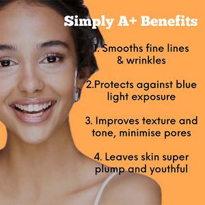 Visual Graphic showing the benefits of simply A+ serum. 1. Smooths fine lines & wrinkles 2.Protects against blue light exposure 3. Improves texture and tone, minimise pores 4. Leaves skin super plump and youthful