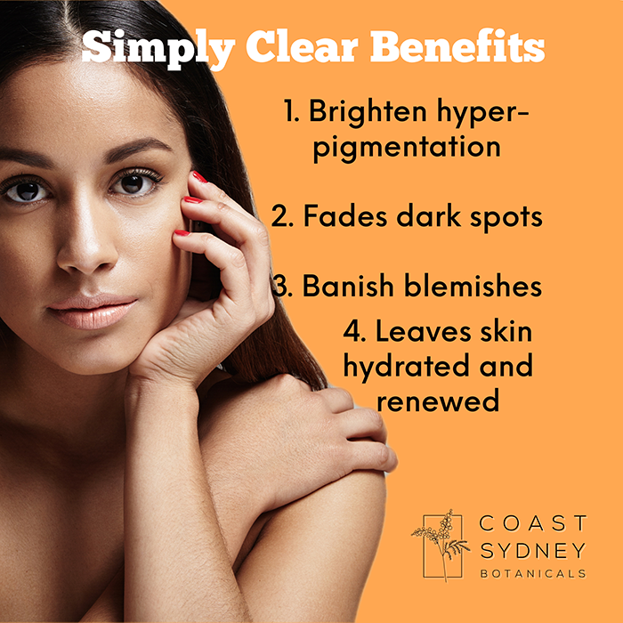 Visual graphic showing the benefits of simply clear face serum. 1. Brighten hyperpigmentation 2. Fades dark spots 3. Banish blemishes 4. Leaves skin hydrated and renewed