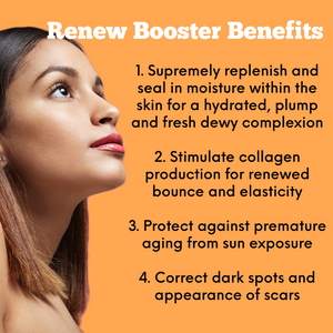 Visual graphic showing the benefits of renew booster serum. 1. Supremely replenish and seal in moisture within the skin for a hydrated, plump and fresh dewy complexion 2. Stimulate collagen production for renewed bounce and elasticity 3. Protect against premature aging from sun exposure 4. Correct dark spots and appearance of scars
