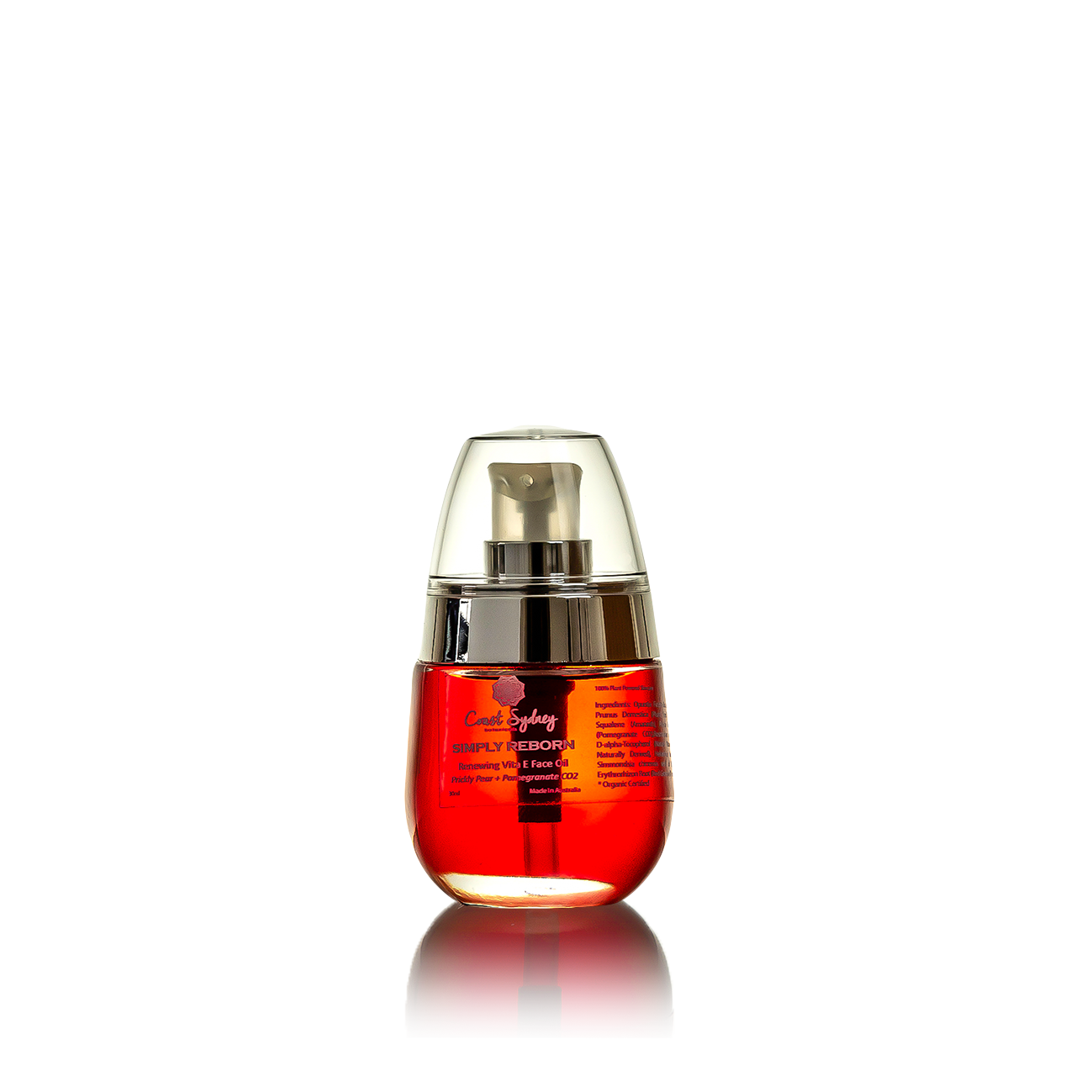 A red face oil in a pump bottle named 'Simply Reborn.'