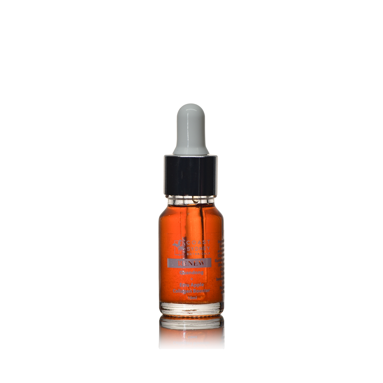 A red/orange face serum in a dropper bottle named 'Renew.'